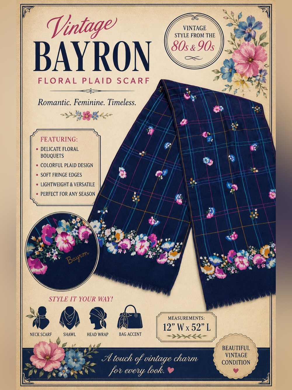 Vintage Bayron Floral Plaid Oblong Scarf